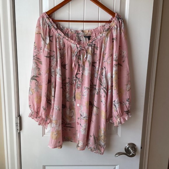 Unique Spectrum Tops - Soft Pink Floral Cottagecore Off/On Shoulder Blouse with Gathered Sleeves